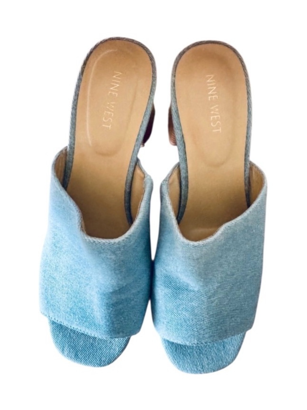 NWT Nine West size 9.5 Denim Blue Jean Slides Mules Block Heel Scandi Normgirl - Picture 6 of 11